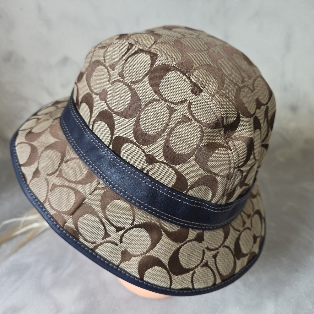 Coach Signature Jacquard Canvas Bucket Hat Brown Leather Band Size S/P - Picture 5 of 13